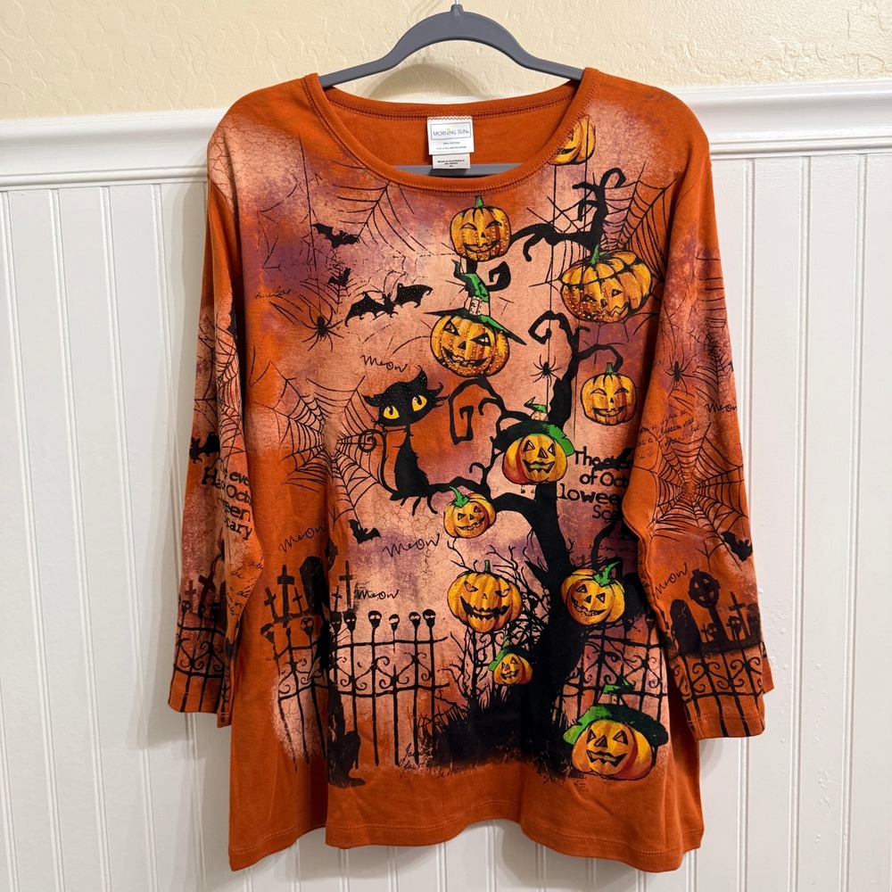 Morning Sun Women Halloween Scary Cats Rhinestone Graphic Tee,Orange, 2X
